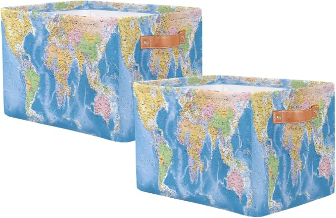 World Map Storage Basket Collapsible Cloth Storage Cube Bin Organizer | Collapsible Cloth with Handles Rectangular Toys Nursery Bedroom Home Office