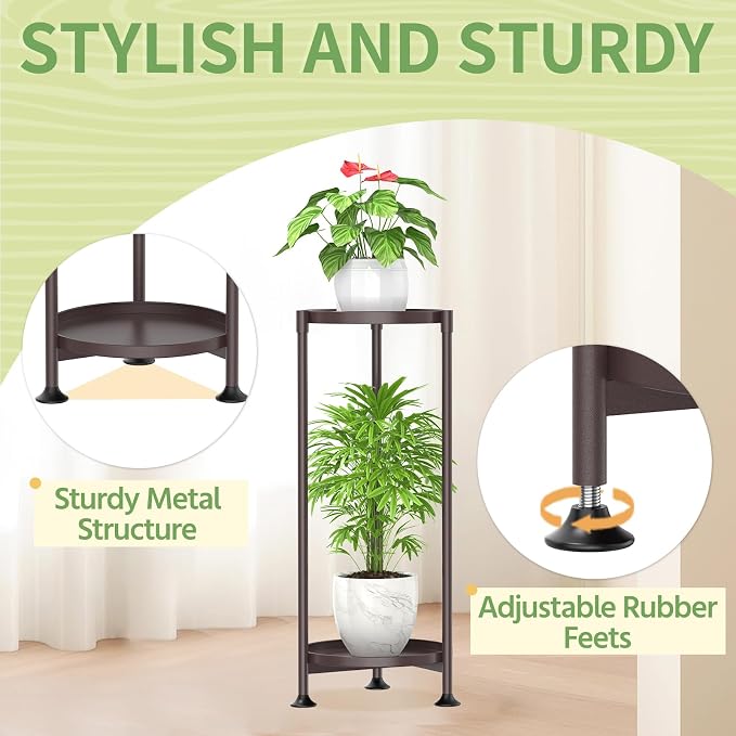 KMOTASUO 2 Tier Metal Plant Stand Tall for Indoor Outdoor Corner, Bronze | Heavy Duty Flower Holder Rack, Modern Vertical Iron Shelf for Patio Bathroom Office Garden