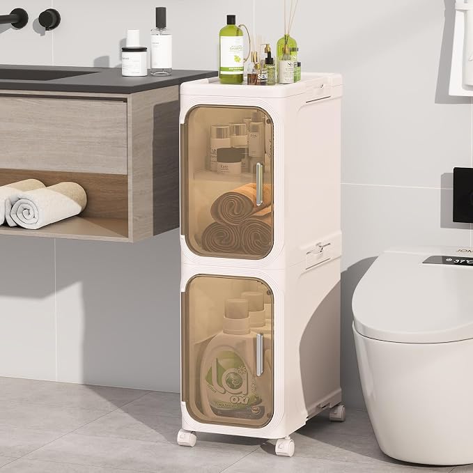 2 Tier Slim Bathroom Storage Cabinet, Foldable and Movable, Beige | Tools Free, ABS and PET, Magnetic Clear Door, Adjustable Shelves, Lockable Wheels, Water Resistant, For Narrow Space