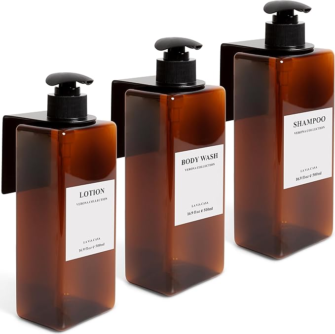 La Via Casa Shampoo and Conditioner Dispenser | 3 Plastic Amber 3 Wall Mount Black | Shampoo Dispenser with Waterproof Labels | No Drill | Shower Bottles Refillable with Pump