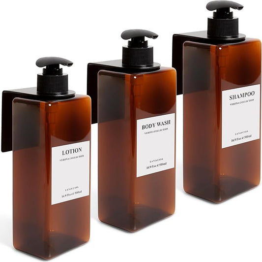 La Via Casa Shampoo and Conditioner Dispenser | 3 Plastic Amber 3 Wall Mount Black | Shampoo Dispenser with Waterproof Labels | No Drill | Shower Bottles Refillable with Pump