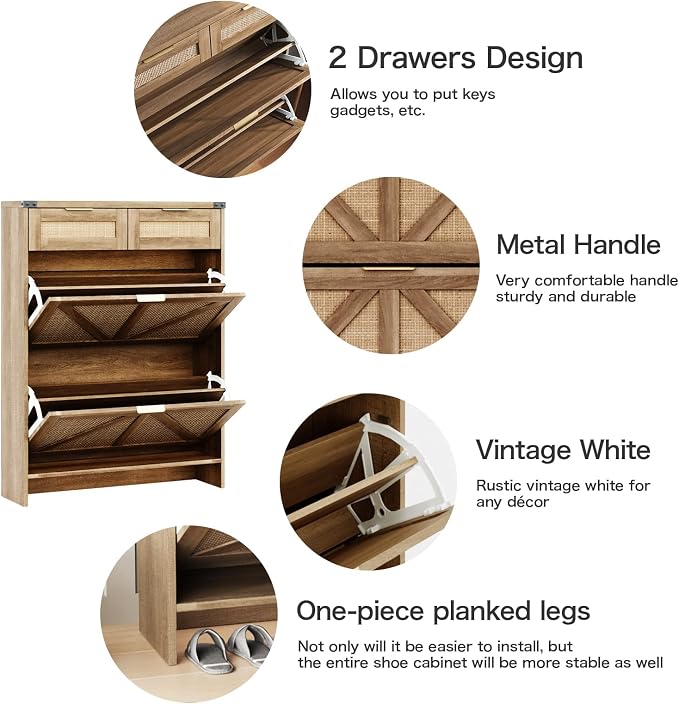 Halitaa Shoe Cabinet with 2 Flip Drawers & 2 Drawers,Farmhouse Shoe Storage Cabinet for Entryway,Slim Freestanding Narrow Organizer Rack for Front Door Entrance,Rustic Oak Rattan