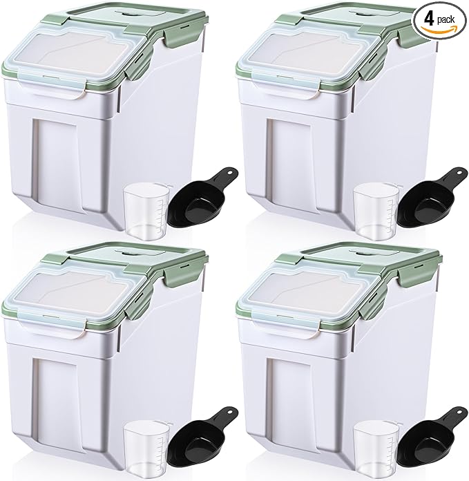 Sunnyray 4 Pcs 55 lbs Grain Rice Storage Container Flour Bin with Wheels Cup Leak Proof Pet Food Storage Boxes Seal Locking Lid Plastic Rice Containers Set for Cereal Flour Cat Dog Food (Green)