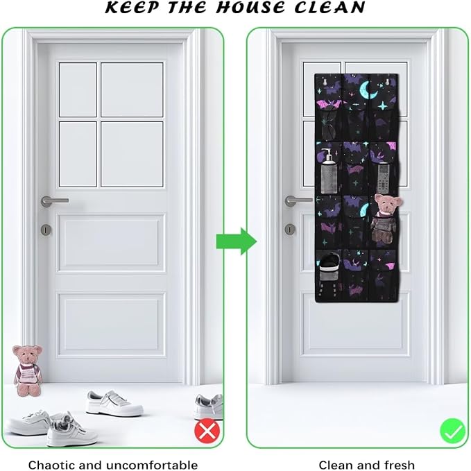 Halloween Bat Over the Door Shoe Organizer,Hanging Storage Bags with 12 Mesh Large Pockets,Behind Door Shoes Hang Holder Rack