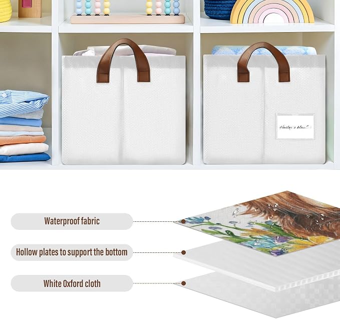 Cute Highland Cow in Flower Pot Storage Bins for Shelves with Labels&Handles Fabric Organizer Bin Foldable Rectangle Storage Basket Boxes for Closet, Bathroom, Home, Living Room