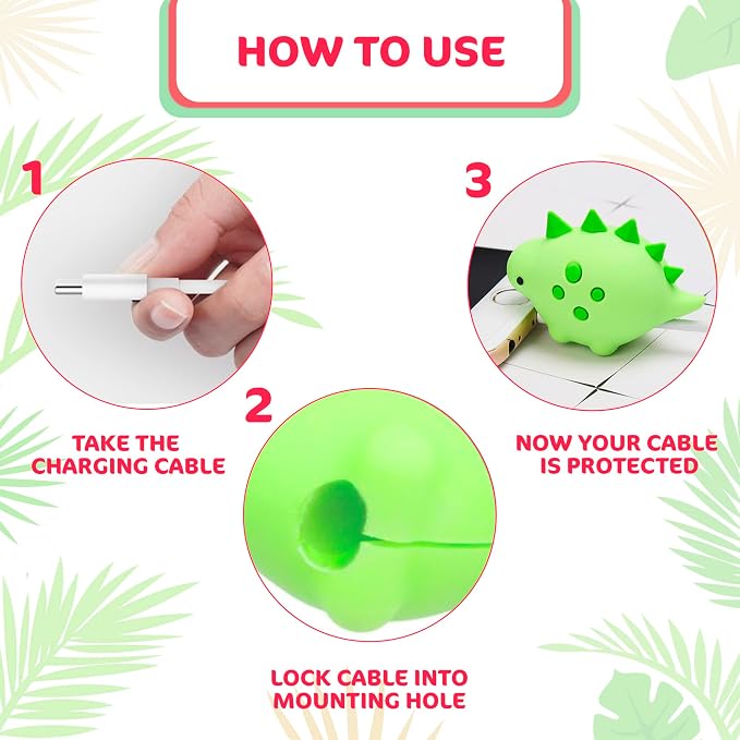 Phone Charger Protector Cute Set of 3, Dinosaur Shape (Green & Pink)
