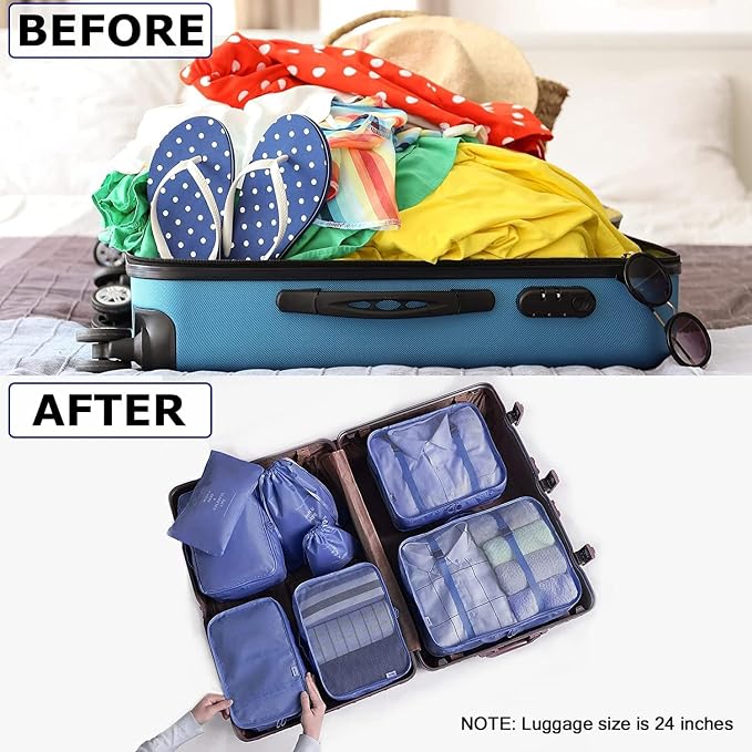 LANSKLBD 6/8 Set Packing Cubes for Suitcases Travel Luggage Packing Organizers,Travel Accessories Essentials Luggage Organizer with Shoe/Tioletry/Laundry Bag (Dark Blue, 8 set)