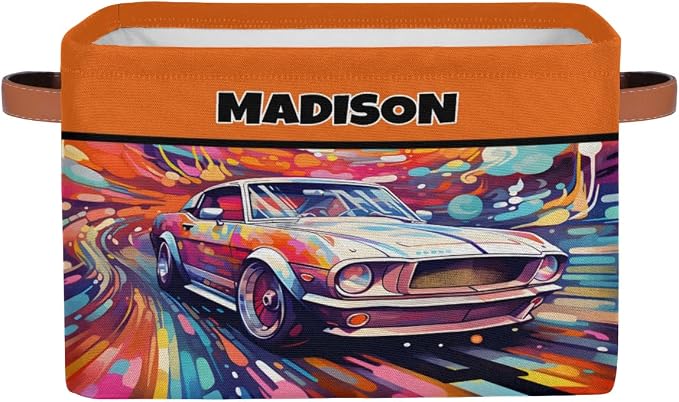 Custom Rectangle Storage Basket, Personalized Name Organizer Bins for Pet/Children Toys, Books, Clothes, Perfect for Rooms/Playroom, Watercolor Painted Car