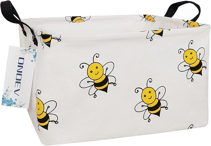 Rectangular Fabric Storage Bin, Foldable Bee print Basket | Damp-proof canvas with reinforced stitched handles.Great for clothes,books & sundries in closets,playrooms,laundry rooms.