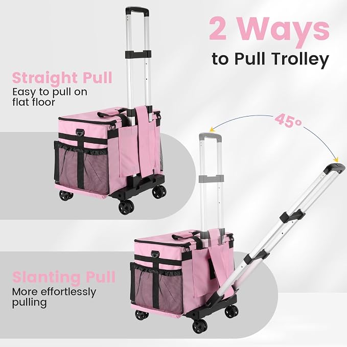 Housolution Extra Large Rolling Cleaning Caddy Bag with Wheels, Pink | Upgrade 360° Free Rotating, Detachable Trolley & Dust-Proof Lid, High load Bearing & Waterproof