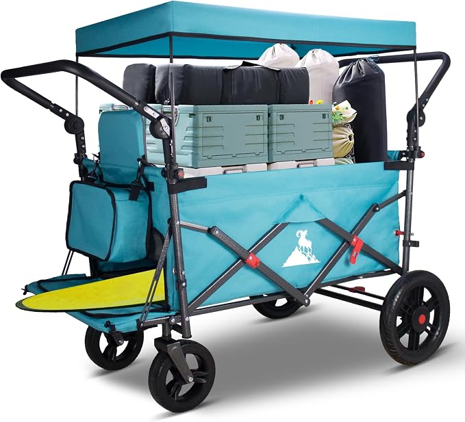 Foldable Wagon with Canopy - Collapsible Utility Cart with 2 Seats & Belts, Adjustable Handle, Expandable Front for Camping, Picnic, Shopping (Turquoise/Grey)