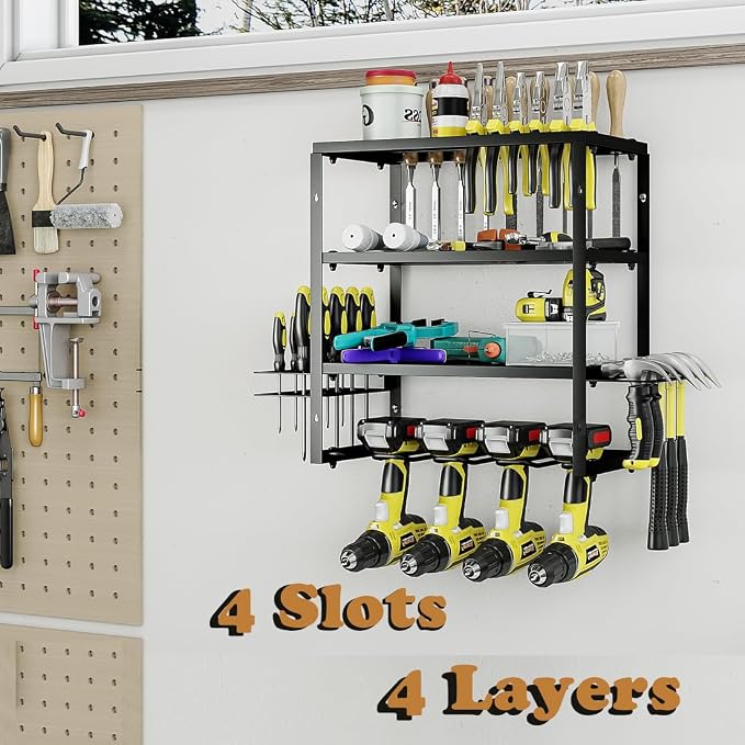 AZERPIAN Power Tool Organizer Heavy Duty Wall Mount Drill Tools Holder | Garage Wall Mount Tool Rack, Workshop Metal Cordless Tool Shelf, 3 Layers Utility Storage Racks for 4 Drill Holders