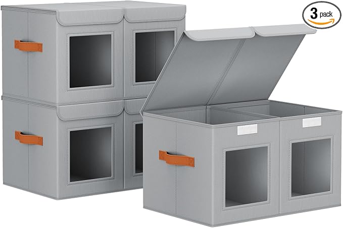 Homsorout Large Closet Storage Bins - Collapsible Divided Clothes Organizer with Lids & Dual Window, Fabric Organizing Bins for Clothes, Sweater, Bedroom, Office (Grey, 3 Pack)