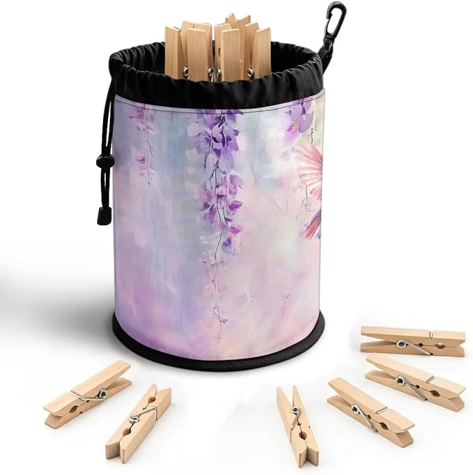 Wisteria Clothespin Bag for Clothesline Outdoor, Clothes Pin Bag with Drawstring Closure, Large Opening, Large-Capacity Clothespin Storage Organizer with Hooks