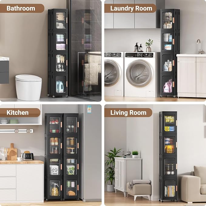 BROVIEW 4-Tier Tall Narrow Storage Cabinet Organizer, Slim Bathroom Cabinets with Adjustable Shelves and Doors, Plastic Kitchen Pantry Organizers and Storages for Small Space, Laundry, Black