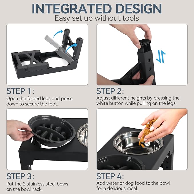 PAWISE Elevated Dog Bowls, 5 Height Adjustable Raised Dog Bowl Stand with 1 Slow Feeder Bowl & 2 Stainless Steel Bowls, Non-Slip Dog Feeding Station for Large, Medium, Small Dogs and Cats, Black