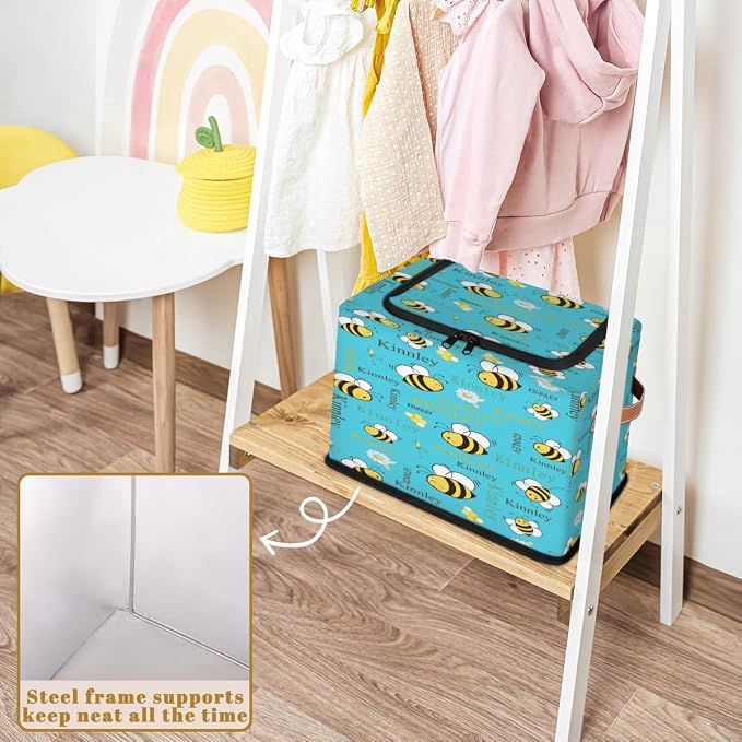 Personalized Storage Basket with Name, Cartoon Bee with Daisy Rectangle Toys Storage Bin with Zipper Lid for Baby, Boys, Girls, Collapsible Basket for Clothes, Books, Aqua Blue Background