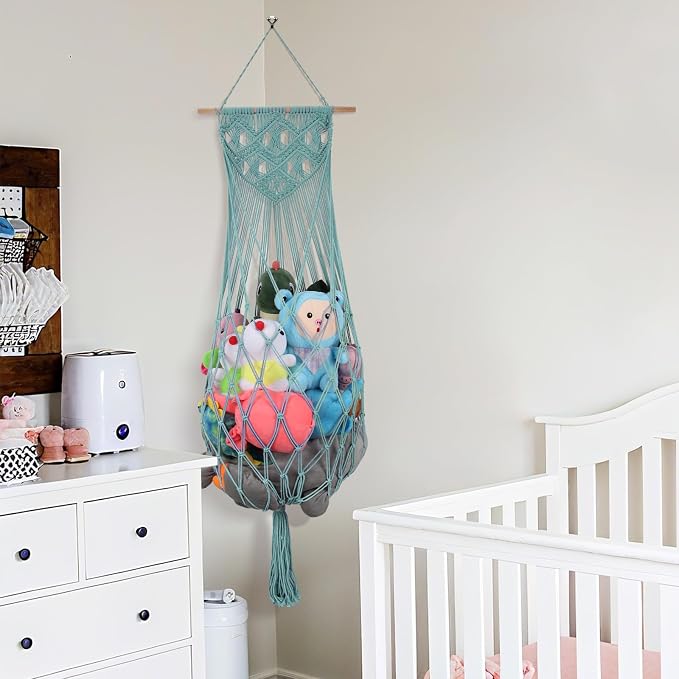 63 Inch Stuffed Animal Storage Hammock Corner, Stuffy Plushie Net,Turquoise | Wall Ceiling Over Door Hanging Hammock for Stuffed Animals,Boho Macrame Stuffy Storage Holder w/Star Light,Nursery Room Decor