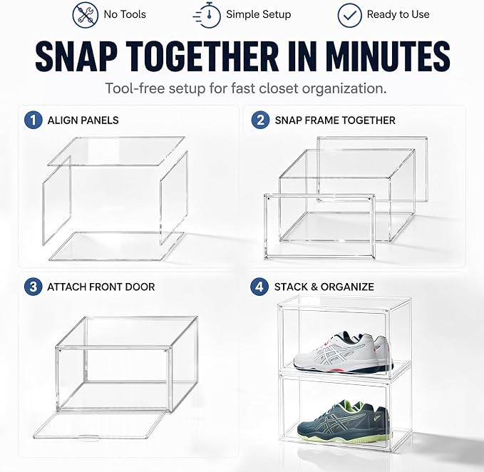 9 Pack Clear Acrylic Shoe Sneaker Boxes Fits Size 13, Wide Magnetic Door | Stackable shoe showcase for sneakers, high tops, large shoes, shoe collection display storage. Exterior 14.1 x 10.6 x 8.9 in