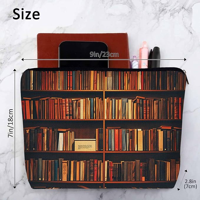 Vintage Library Bookshelf Makeup Bag for Purse, Travel Toiletry Pouch, Cosmetic Organizer, Old Books Pattern Flax Pencil Case for Men and Women