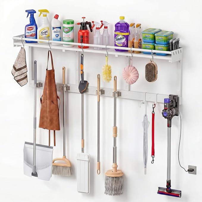Broom Holder Wall Mount with Shelf,Broom Hanger,3 in 1 Broom and Mop Organizer Wall Hanging for Laundry,Garage,Utility,Broom Rack,Vacuum Stand Alternative,Cleaning Supplies Organizer Storage,White,XL