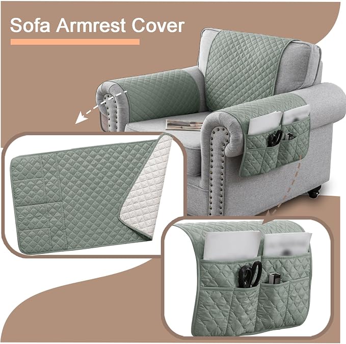 Water-Resistant Sofa Armrest and Headrest Covers with Side Pocket | Keep remotes close quilted polyester helps guard against wear, pet scratches, and kids' messes silicone backing adds grip