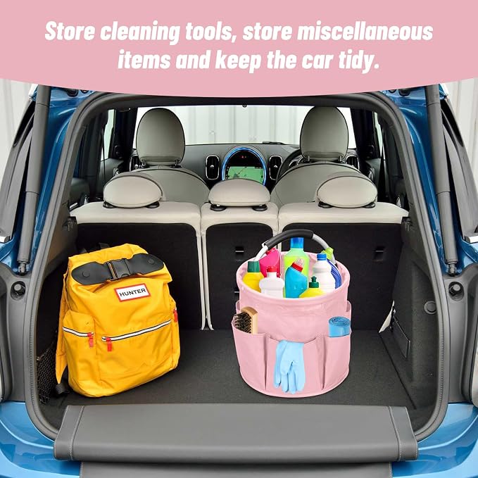 17L Cleaning Caddy with Handle, Foldable Cleaning Supply Caddy with 6 Pockets Cleaning Caddy Bag for Outdoor Camping Garden Harvest Basket Bathroom Storage (Pink)