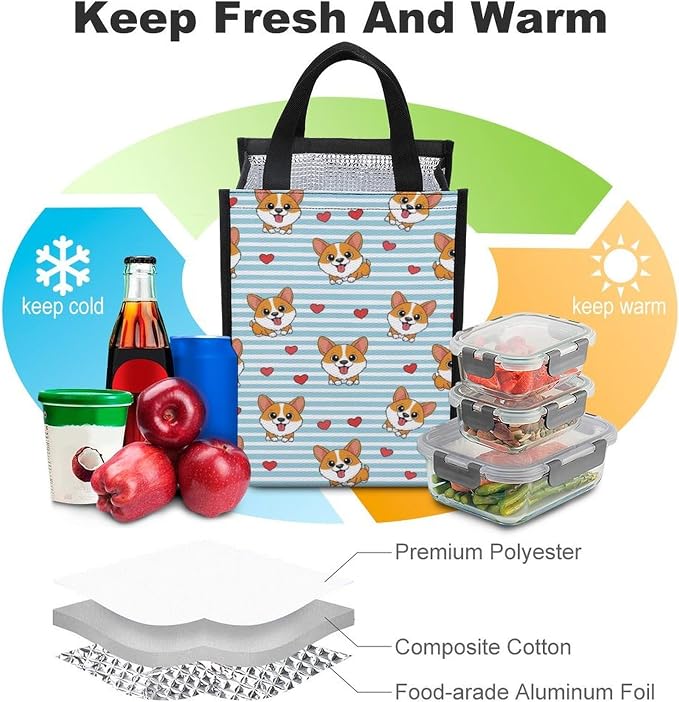 Insulated Lunch Tote Bag Reusable Lunch Box Container Insulated Meal Bags Portable Food Organizer Compatible with Cute Cartoon Lovely Corgi Dogs And Hearts