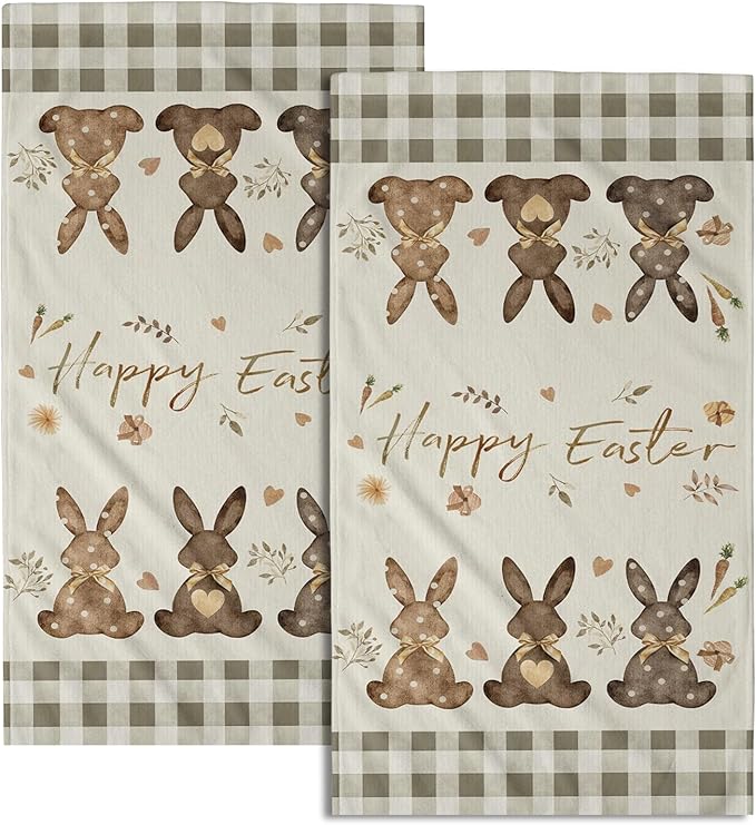 Giwawa Happy Easter Hand Towel Set of 2 Spring Cute Bunny Rabbits Egg Carrot Towel Brown Buffalo Plaids Quick Drying Dish Wash Cloth for Hotel Bathroom Gym Home Spa Holiday Decor