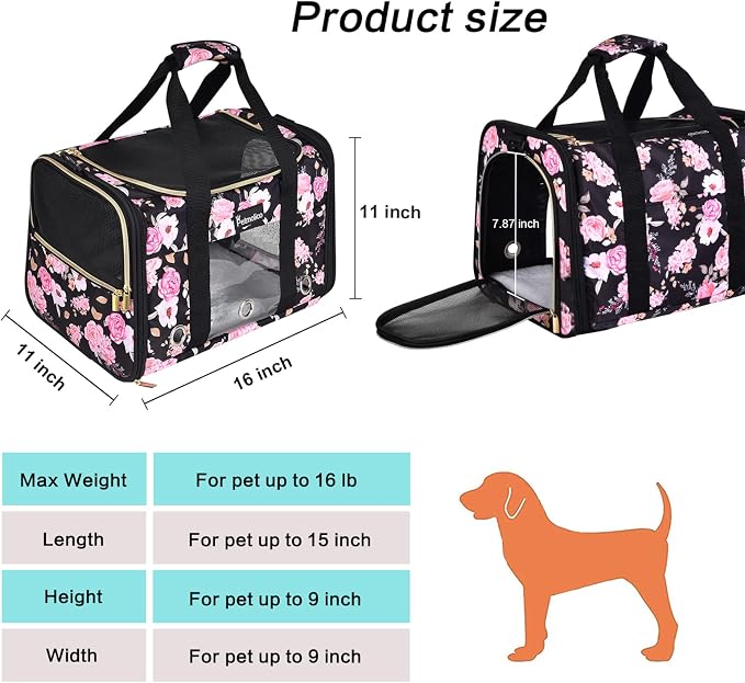 Petmolico Cat Carrier Soft-Sided Airline Approved, Medium, Pink Peony | For small/medium cats & puppies up to 16 lbs, 3 open doors, travel-friendly pet bag