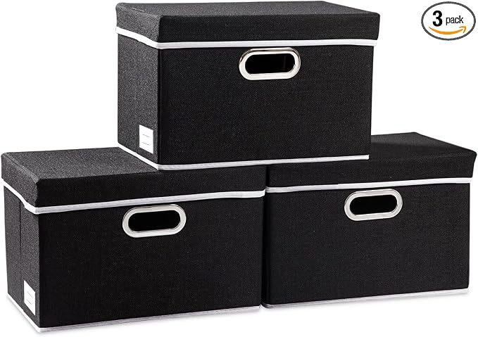 Foldable Storage Box with Lid [3-Pack] Fabric Collapsible Storage Bin Organizer Container Basket Cube with Cover for Home Bedroom Closet Office Nursery Black (14.9x9.8x9.8)