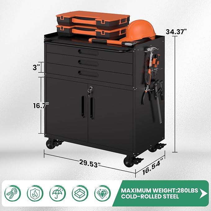 Garage Storage Cabinet, Metal Rolling Tool Cabinet with 2 Pegboard and 10 Hook, Heavy Duty Mechanics Tool Chest Storage for Workshop, Basement, Warehouse, Include Workbench Liner, Black