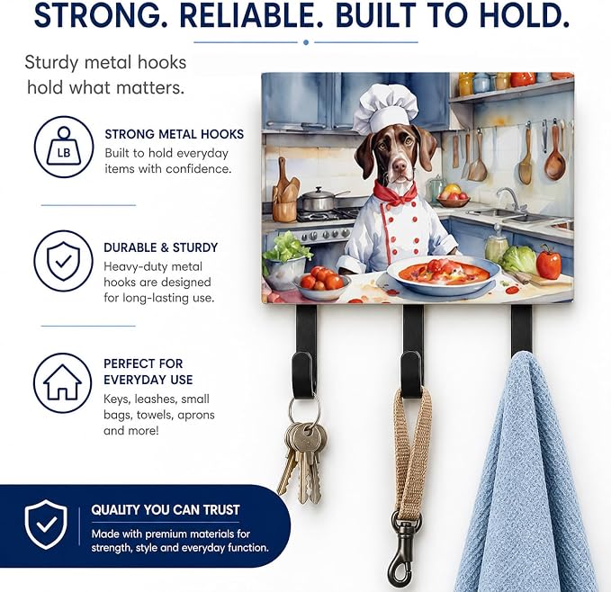 Caroline's Treasures Pointer The Chef Leash or Key Holder Wall Hooks, Key Hooks Holder, Coat Rack Wall Mount, Coat Hooks, Hooks for Hanging Keys, Towels, Aprons, Leashes | Pointer The Chef artwork on ceramic tile with three steel hooks for keys, leashe...