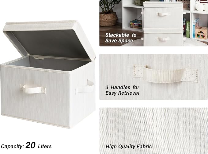 StorageWorks Fabric Storage Bins with Lids, Closet Storage Bins | Flip-Top Lid, 3 Handles, Collapsible, Stackable, for Clothes Blankets, Multi-Purpose, Large, White & Ivory, 2-Pack