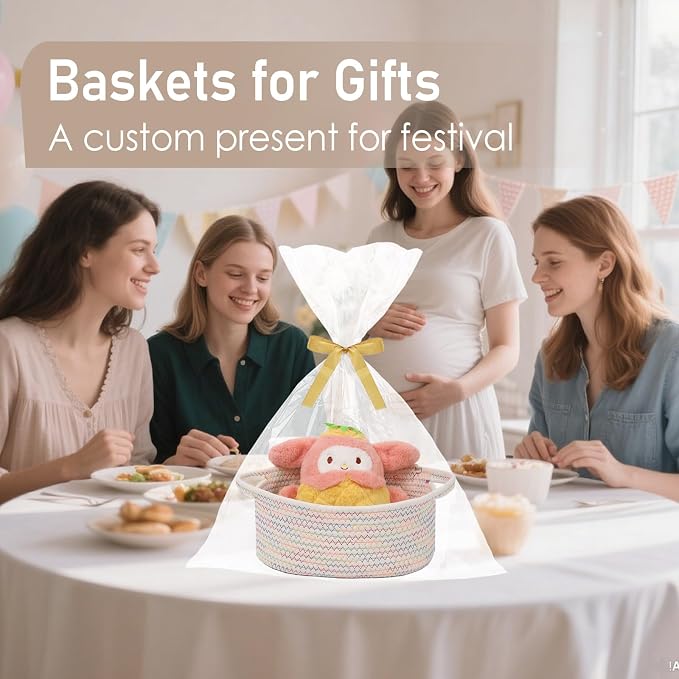 JMvicyroam Small Woven Basket, Empty Gift Basket, Colorful/2 Pack | Small Gift Basket, Cotton Rope, 12 x 8 x 49 in, Handles, Includes Ribbon and Bag, Birthday Gift Basket