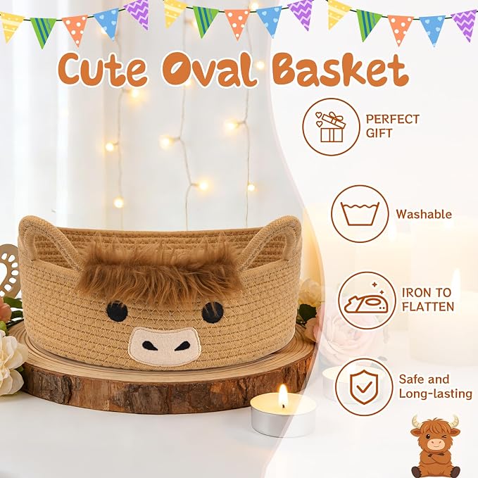 Oval Highland Cute Cow Basket for Nursery, Small Woven Gift Basket | Rope Cotton Storage for Gifts Empty, Baby Shower Blanket 0rganizer with Handles,Towel Decorative Bins, 12"D x 5"H IN