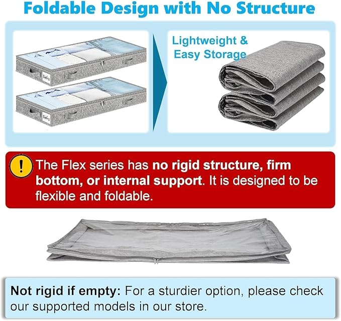 3 Inch Low Profile Under Bed Storage Drawer 2 Pack, Lightweight Underbed Clothes Storage Container Bins With NO STURCTURE, Shallow Storage Bag for Dorm & Home, With Clear Lids & Water-Resistant Fabric