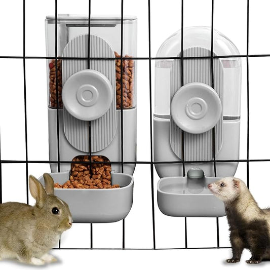 Lemtrflo Hanging Automatic Rabbit Feeder for Cage,Dog Cat Food and Water Dispenser,Rabbit Water Bottle Guinea Pig Food Bowl Set,Gravity Feeder for Cats Dogs (Gray)
