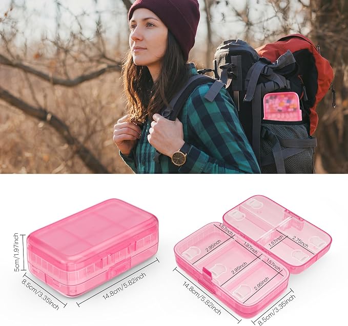FYY Travel Pill Organizer, Large Weekly Medicine Pill Organizer-Hot Pink | Airtight Moistureproof Medicine Case, Easy to Use, 8 Compartment Pill Box for Vitamins, Fish Oil, Supplements, Mini First Aid