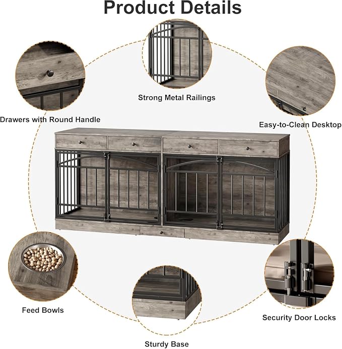 Dog Crate Furniture for 2 Dogs, Double Dog Crate TV Stand, Gray | 78.7'' Large Dog Kennel Indoor, 4 Storage Drawers and Feeding Bowls, Pet Kennel for Small and Medium Dogs