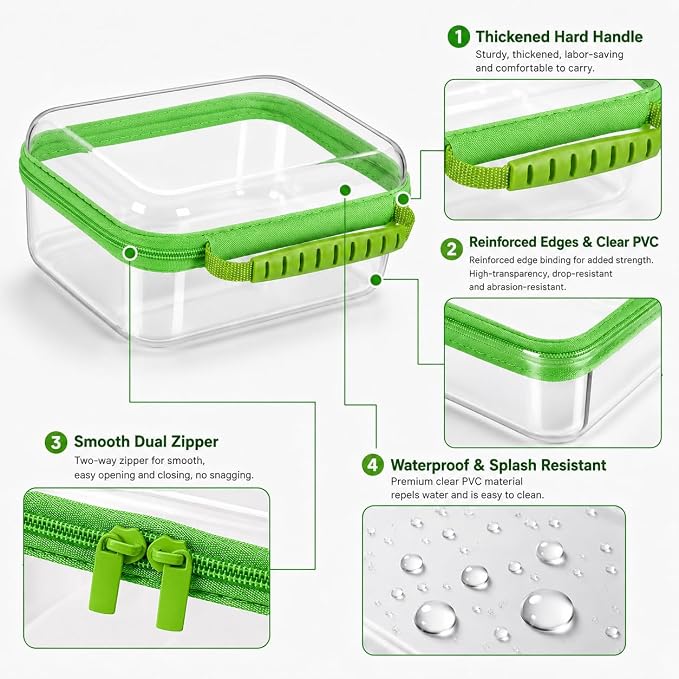 Clear Hard Shell Zipper Case 3PCS Set, 1.2mm PET Travel Organizer | Deep waterproof stackable storage pouches with handle. Heavy duty clear zipper bags for travel, makeup, toys and snacks