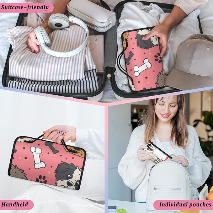 Cute Dog Makeup Bag for Women Hanging Roll-Up Travel Organizer Toiletry Kit with 4 Removable Compartments, Dog Paw