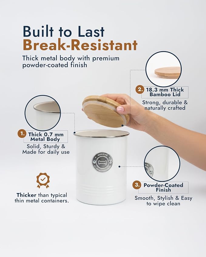 Dog Treat Container with Bamboo Lid, White Metal, 5.1” W x 6.5” H, 6.4 Cups | Silicone Seal, Easy-Open Lid, Premium Seamless One-Piece Body, Dent-Resistant, Fits Most Dog Treats, Modern Countertop Decor