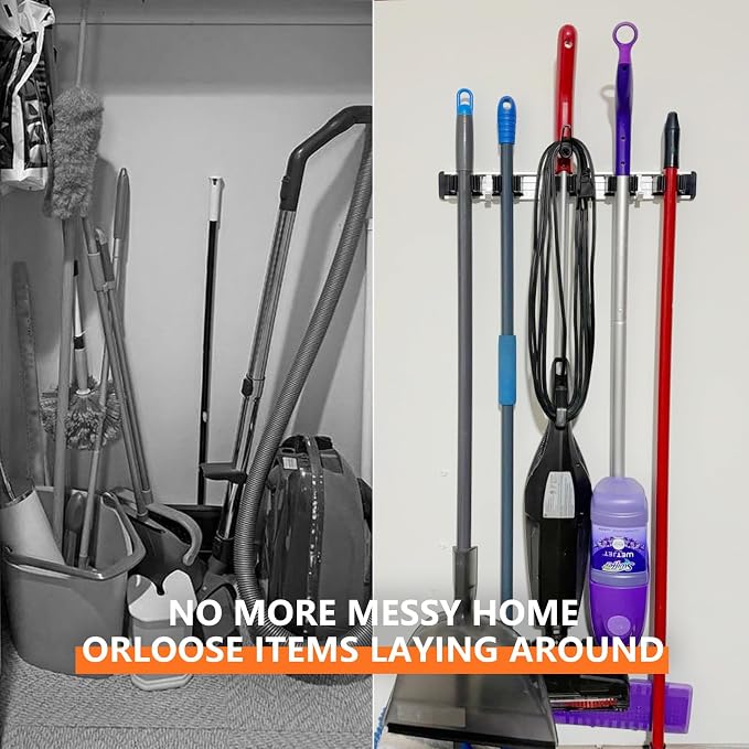 reliahom Broom Holder Wall Mount Mop Hanger Tools organizer 5Racks4Hooks,2P | Adjustable Mop Broom Wall Hanging Heavy Duty Tools Storage Rack Space-saving for Garage,Kitchen,Laundry Room,Garden, Black