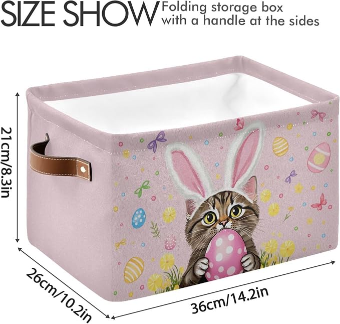 Pink Easter Bunny Rabbit Storage Basket with Waterproof Liner and PU Handles Happy Easter Day Eggs Lily Flowers Storage Bins Boxes 14.2" Collapsible Decorative Organizer Baskets for Closet 2 Pack