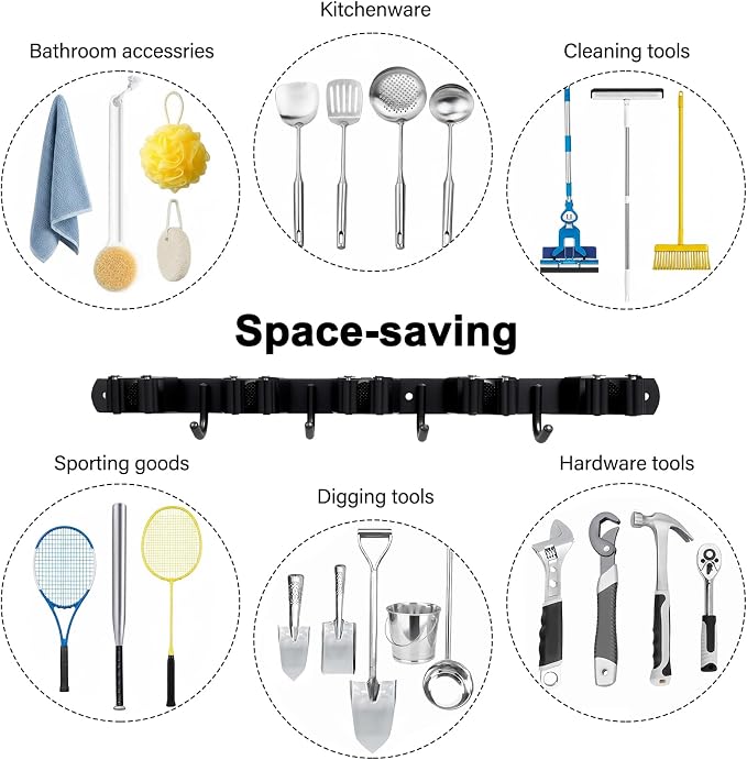 SUS304 5 Racks and 4 Hooks Mop and Broom Holder Wall Mount | Heavy Duty Self Adhesive Solid Non-slip Broom Organizer Storage Tool Racks for Home Kitchen Garden Laundry Garage