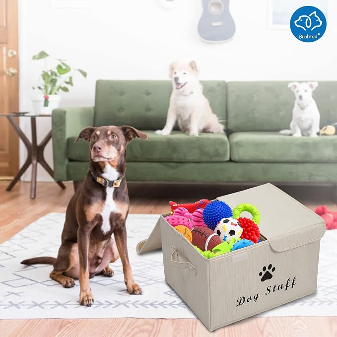Large Dog Toys Storage Box Canvas Storage Basket Bin Organizer with Lid - Collapsible Linen Bin Ideal for Organizing Dog Cat Toys and pet Stuff-PP Boad-17" x 12" x 10" - Slub Beige