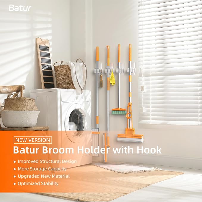 Batur Broom Holder Wall Mount, 4 Pack New Version Adhesive Mop and Broom Holder Wall Mount, Super Anti-Slip Broom Hanger Mop Organizer Wall Hanging for Bathroom, Kitchen, Laundry Room
