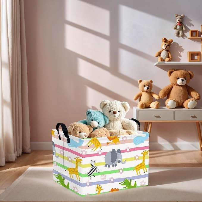 Cute Rectangle Woodland Animal Baby Girl Basket Nursery Playroom Bedroom Decor Clothes Toy Storage Basket Linen Canvas Colorful Animals