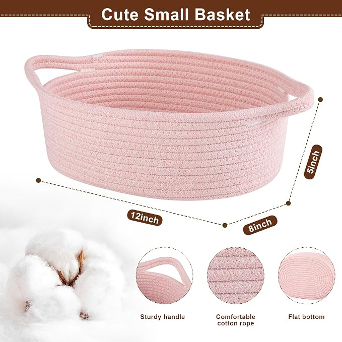 OIAHOMY Gift Basket with Handle, Small Woven Basket with Gift Bag, Ribbon and Wrap Tissue Paper, Nursery Bins Empty to Fill with Small Items, Baby, Pet Toy Organizer - Pink